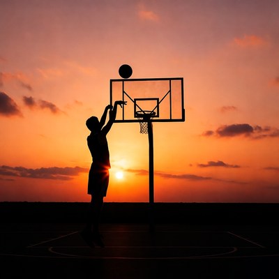 Silhouette man dunking basketball at sunset