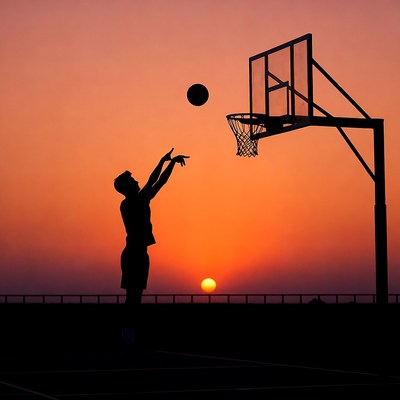 Silhouette man dunking basketball at sunset