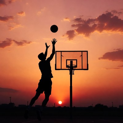 Silhouette man dunking basketball sunset