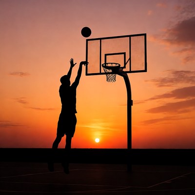 Silhouette man dunking basketball at sunset
