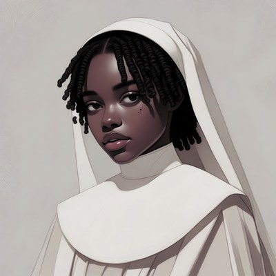 African-American girl in white nun habit