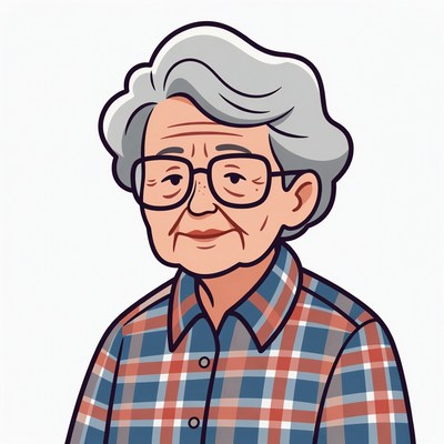 Elderly woman in plaid shirt