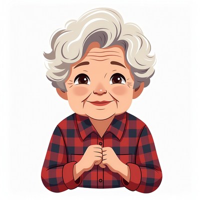 Elderly woman in plaid shirt