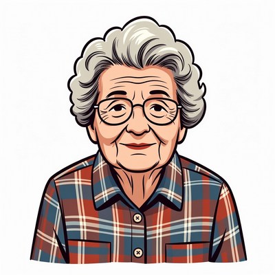 Elderly woman in plaid shirt