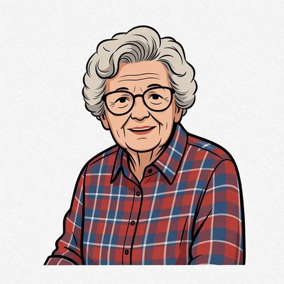 Elderly woman smiling in plaid shirt