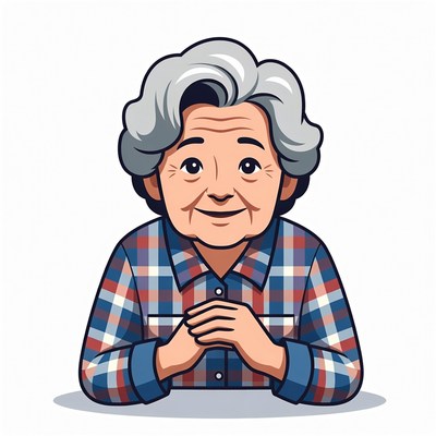 Elderly woman smiling in plaid shirt