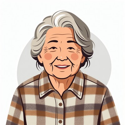 Elderly Asian woman smiling illustration