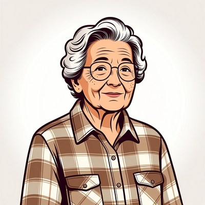 Elderly woman in plaid shirt