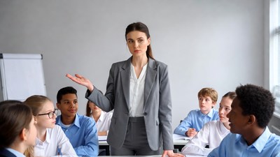 Teacher addressing diverse students in classroom