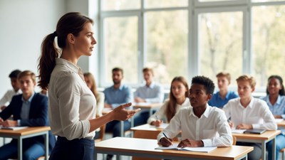 Female teacher lecturing diverse classroom students