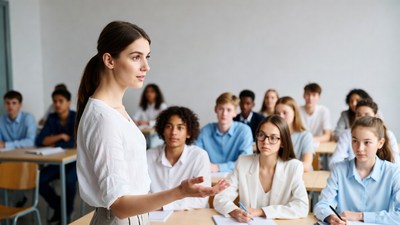Female teacher addressing diverse students