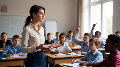Teacher leading diverse classroom students