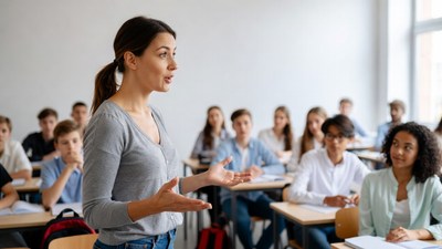 Female teacher addressing classroom students