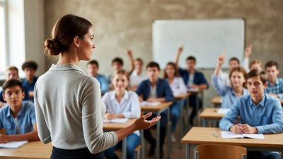 Female teacher leading diverse classroom