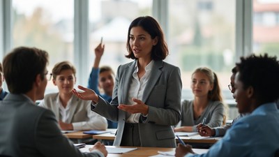 Woman leading diverse business meeting