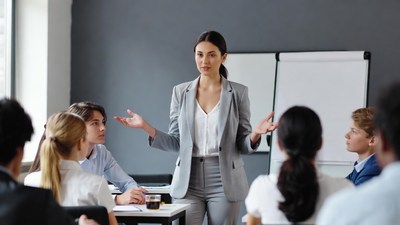 Woman leading diverse team meeting