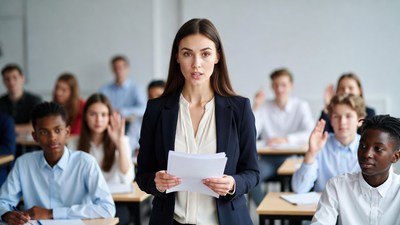Female teacher with diverse students in classroom