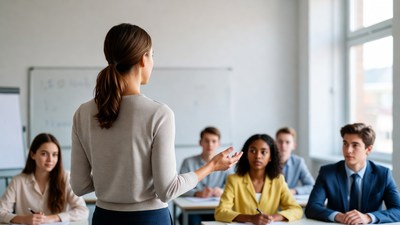 Female teacher leading classroom discussion