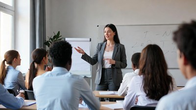 Teacher lecturing diverse students in classroom
