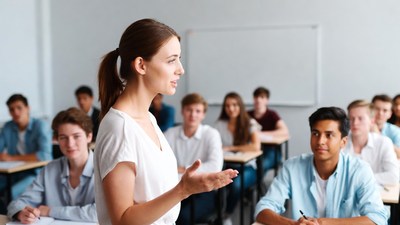 Female teacher lecturing diverse students