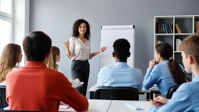 African-American woman teaching diverse students
