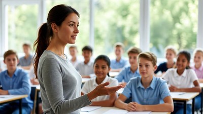 Teacher teaching diverse students in classroom