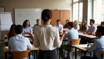 Female teacher leading classroom discussion