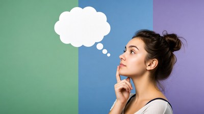 Woman thinking with thought bubble