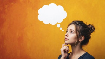 Woman thinking with thought bubble