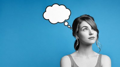 Woman thinking with thought bubble