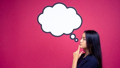 Asian woman thinking with speech bubble
