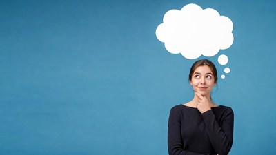 Woman thinking with empty thought bubble