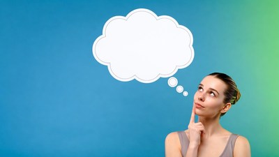 Woman thinking with empty speech bubble