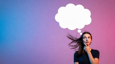 Woman thinking with empty speech bubble