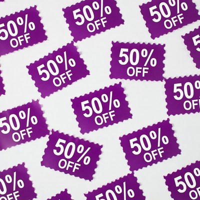 Purple 50% Off Discount Tags