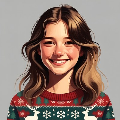 Smiling girl in reindeer Christmas sweater