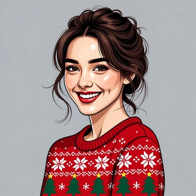 Smiling Woman in Red Christmas Sweater