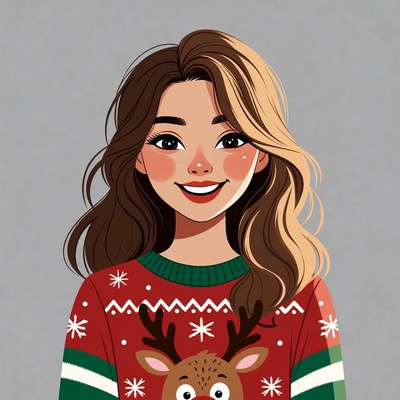Smiling woman in reindeer Christmas sweater