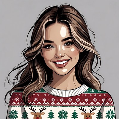 Smiling Woman in Reindeer Christmas Sweater