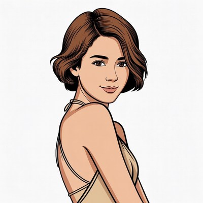 Profile of smiling Asian woman in beige dress