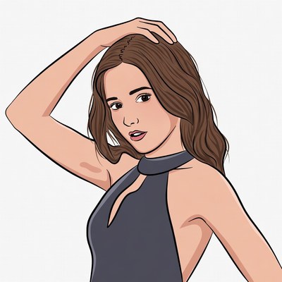 Woman hand on head in black dress