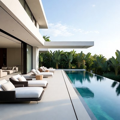 Modern White House Pool Tropical Plants