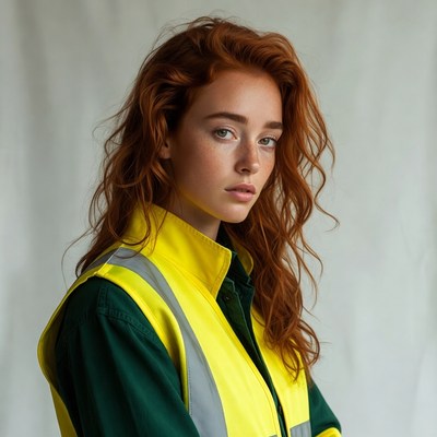Redhead woman in yellow safety vest