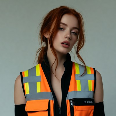 Redhead woman in yellow safety vest