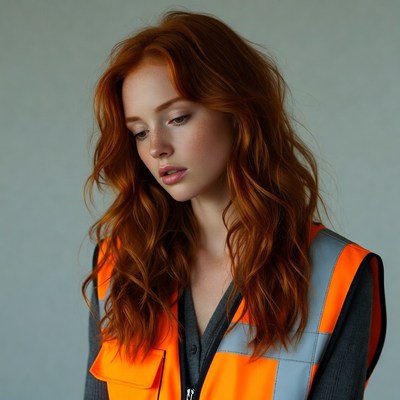 Redhead woman in orange safety vest