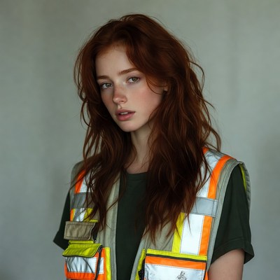 Redhead woman in safety vest