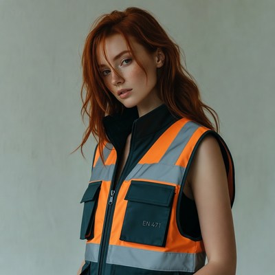 Redhead woman in orange safety vest