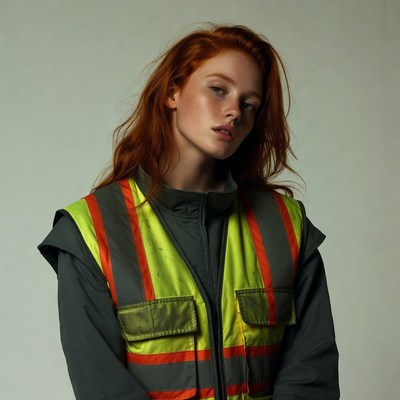 Redhead woman in yellow safety vest