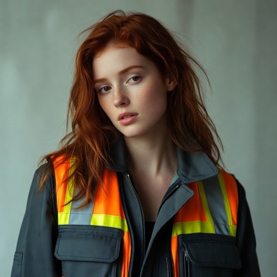 Redhead woman in high-visibility jacket