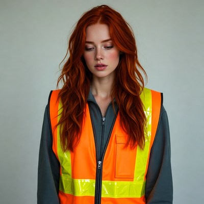 Redhead woman in orange safety vest